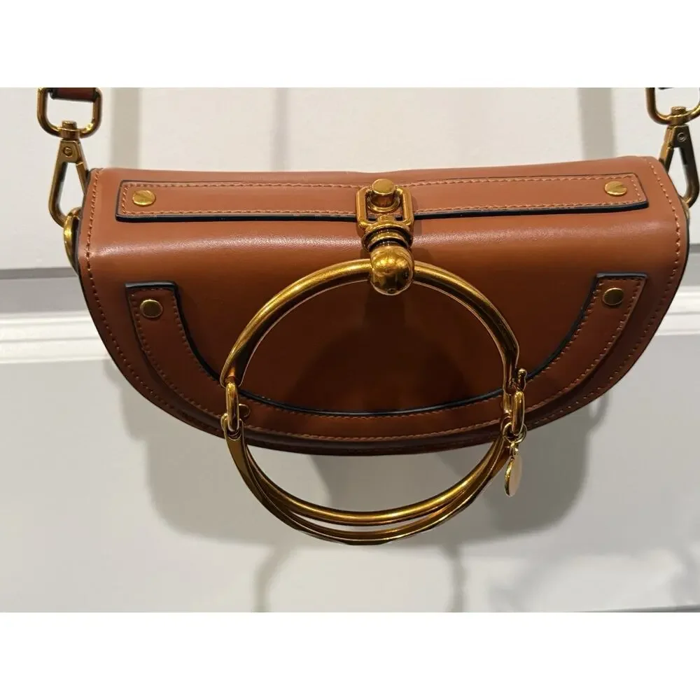 Brown Faux Leather Half Moon Crossbody Bag Gold Ring Handle Purse - Picture 3 of 8